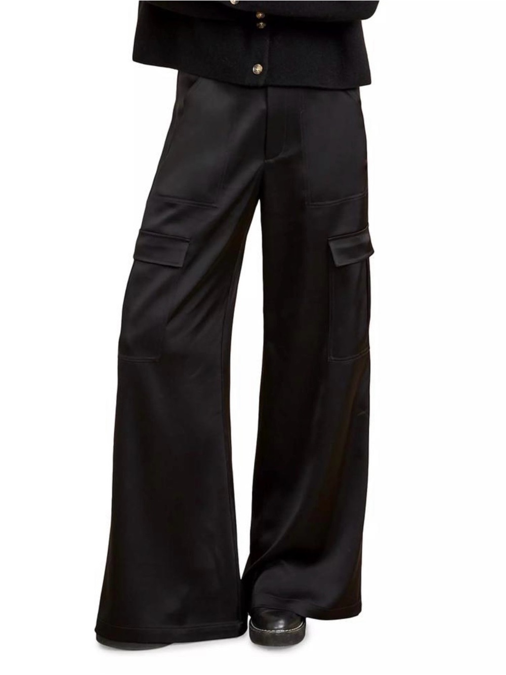 La Ligne Black Satin Wide-Leg Cargo Pants Size 14